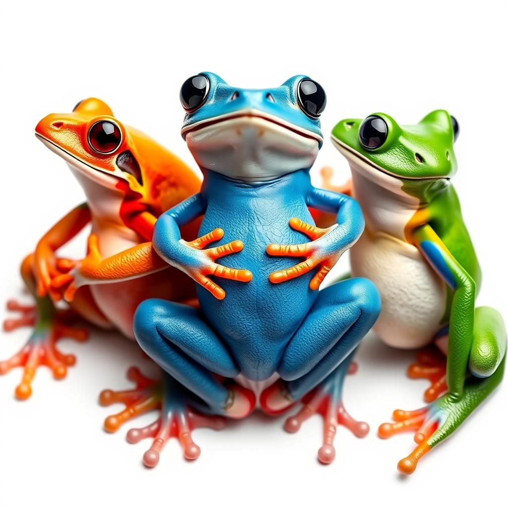 A vertical, full-body portrait of three differently colored frogs positioned side by side, set against a pristine white background that emphasizes contrast and depth