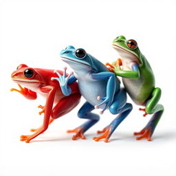 A vertical, full-body portrait of three differently colored frogs positioned side by side, set against a pristine white background that emphasizes contrast and depth