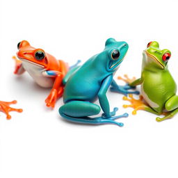 A vertical, full-body portrait of three differently colored frogs positioned side by side, set against a pristine white background that emphasizes contrast and depth