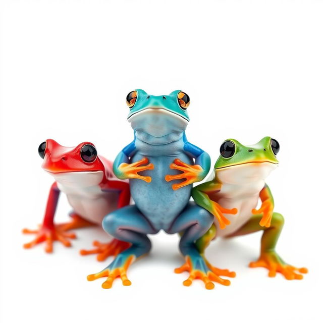 A vertical, full-body portrait of three differently colored frogs positioned side by side, set against a pristine white background that emphasizes contrast and depth