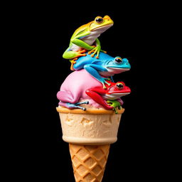 A vertical, full-body portrait featuring an ice cream cone topped with three differently colored frogs stacked on top of each other, created in a pop art style