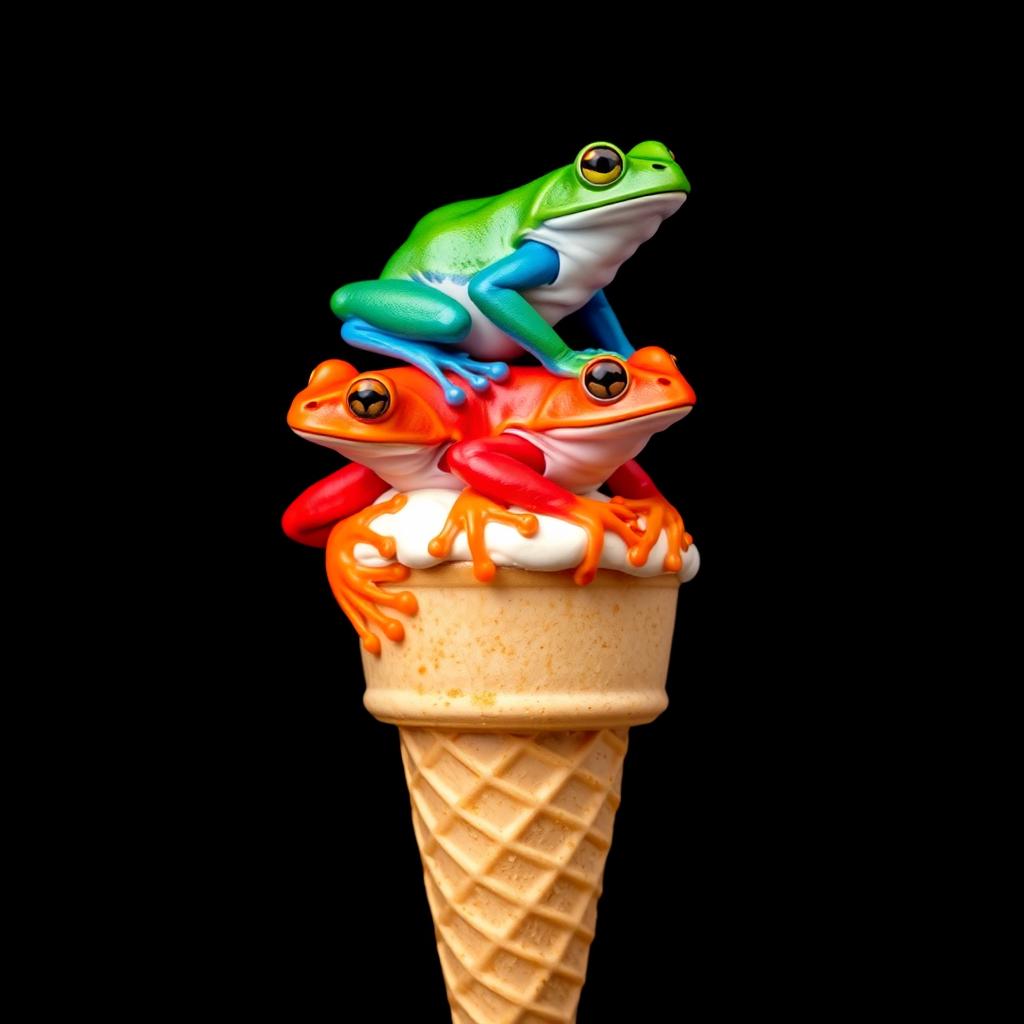 A vertical, full-body portrait featuring an ice cream cone topped with three differently colored frogs stacked on top of each other, created in a pop art style