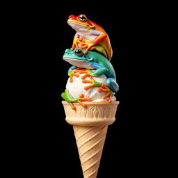 A vertical, full-body portrait featuring an ice cream cone topped with three differently colored frogs stacked on top of each other, created in a pop art style