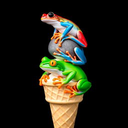 A vertical, full-body portrait featuring an ice cream cone topped with three differently colored frogs stacked on top of each other, created in a pop art style