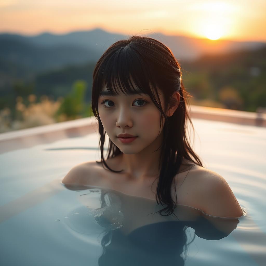 Hinata in a serene hot spring setting, steam rising gently around her, with only her shoulders visible above the water, showcasing a serene and peaceful expression as the sun sets in the background, casting warm hues across the scene