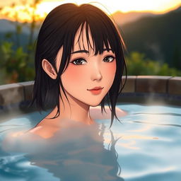 Hinata in a serene hot spring setting, steam rising gently around her, with only her shoulders visible above the water, showcasing a serene and peaceful expression as the sun sets in the background, casting warm hues across the scene