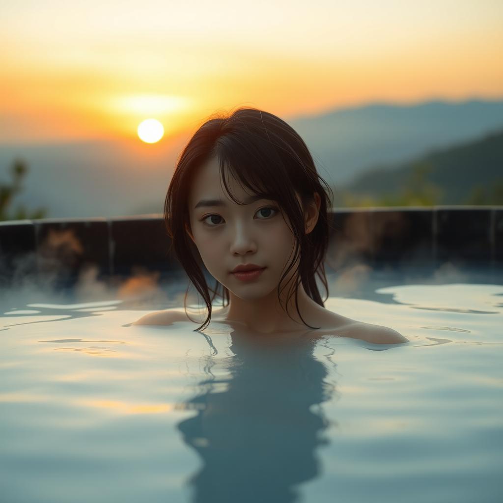 Hinata in a serene hot spring setting, steam rising gently around her, with only her shoulders visible above the water, showcasing a serene and peaceful expression as the sun sets in the background, casting warm hues across the scene