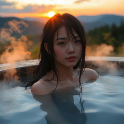 Hinata in a serene hot spring setting, steam rising gently around her, with only her shoulders visible above the water, showcasing a serene and peaceful expression as the sun sets in the background, casting warm hues across the scene