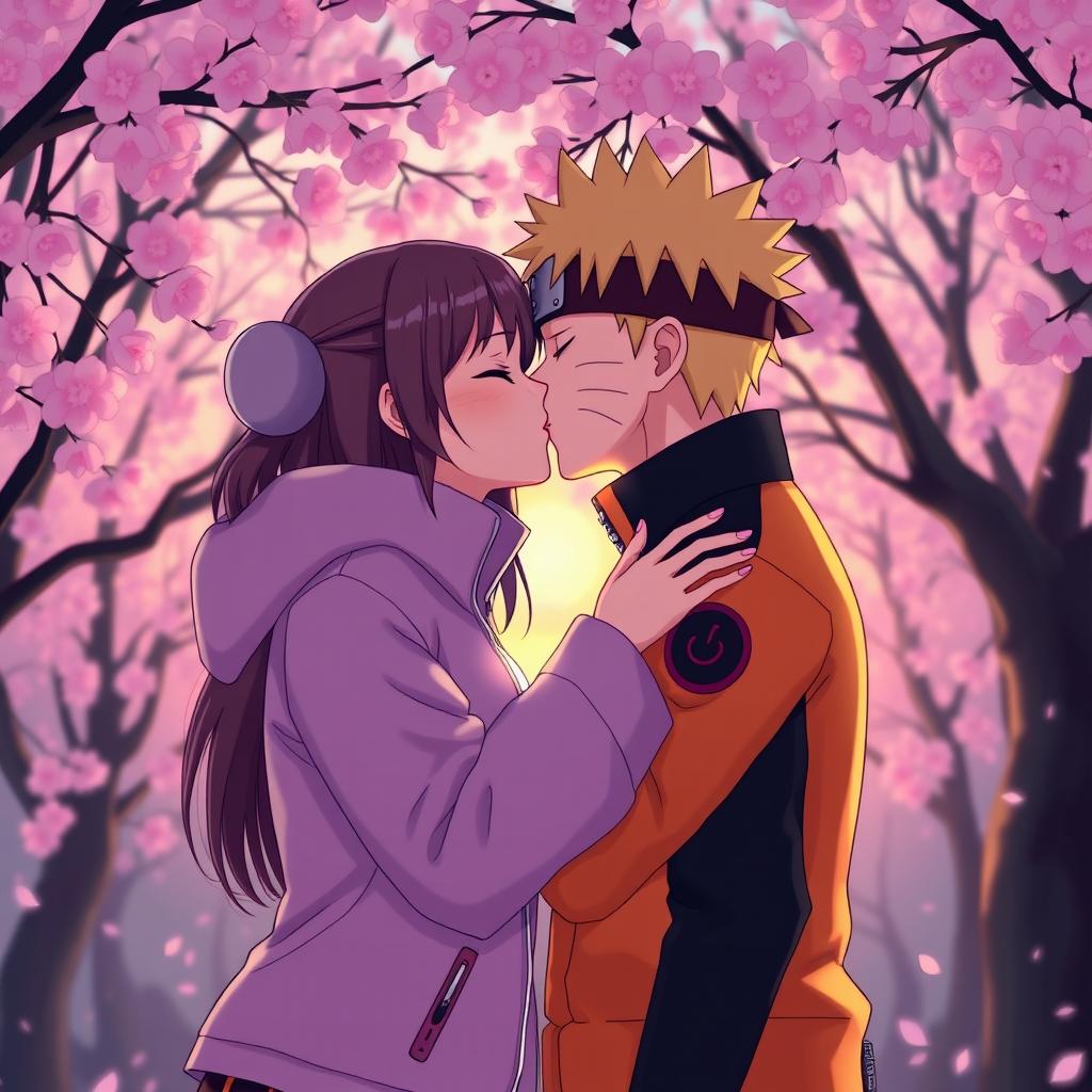 Hinata Hyuga and Naruto Uzumaki sharing a gentle and affectionate kiss in a serene atmosphere, surrounded by cherry blossom trees