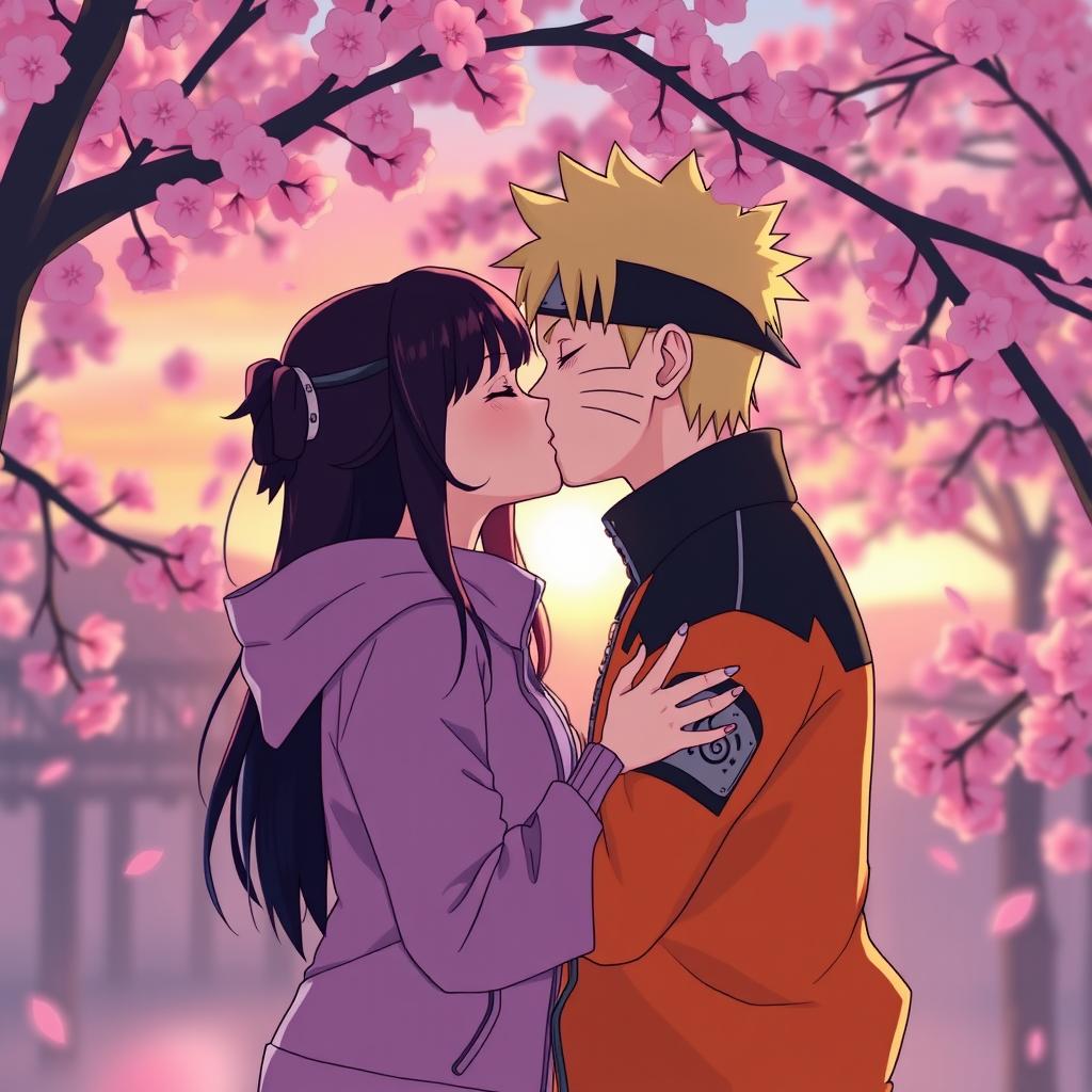 Hinata Hyuga and Naruto Uzumaki sharing a gentle and affectionate kiss in a serene atmosphere, surrounded by cherry blossom trees