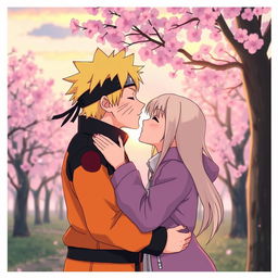 Hinata Hyuga and Naruto Uzumaki sharing a gentle and affectionate kiss in a serene atmosphere, surrounded by cherry blossom trees