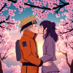 Hinata Hyuga and Naruto Uzumaki sharing a gentle and affectionate kiss in a serene atmosphere, surrounded by cherry blossom trees