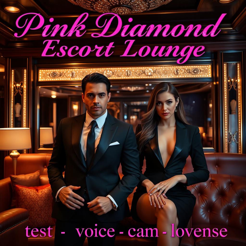 An opulent escort lounge setting featuring two sophisticated escorts, a confident male and an elegant female, exuding charm amidst luxurious surroundings