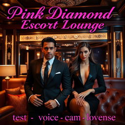 An opulent escort lounge setting featuring two sophisticated escorts, a confident male and an elegant female, exuding charm amidst luxurious surroundings