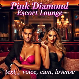 An opulent escort lounge setting featuring two sophisticated escorts, a confident male and an elegant female, exuding charm amidst luxurious surroundings