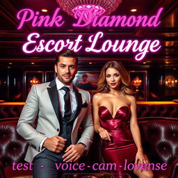 An opulent escort lounge setting featuring two sophisticated escorts, a confident male and an elegant female, exuding charm amidst luxurious surroundings