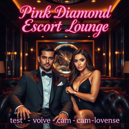 An opulent escort lounge setting featuring two sophisticated escorts, a confident male and an elegant female, exuding charm amidst luxurious surroundings