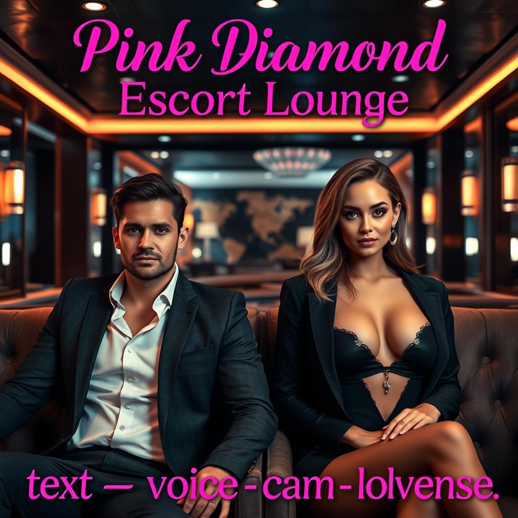 An exclusive escort lounge with a confident male escort and an elegant female escort exuding charm and sophistication