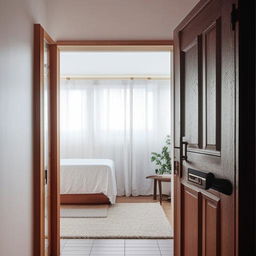 A revised aesthetic bedroom scene with a classic wooden-framed entrance door, an ascetic bed, car posters on a vintage white wall. A wooden window, LED lights, and an AC unit enrich the scene. Modern black curtains add a contrasting touch.