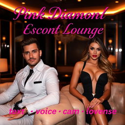 An exclusive escort lounge with a confident male escort and an elegant female escort exuding charm and sophistication