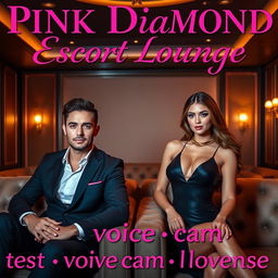 An exclusive escort lounge with a confident male escort and an elegant female escort exuding charm and sophistication