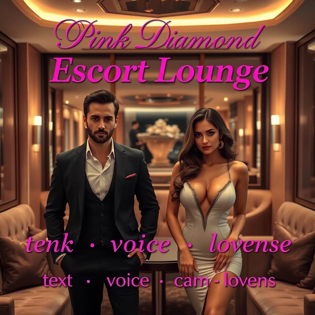 An exclusive escort lounge with a confident male escort and an elegant female escort exuding charm and sophistication