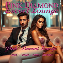 A luxurious escort lounge showcasing a dashing male escort and a graceful female escort, both embodying sophistication amid an elegant setting