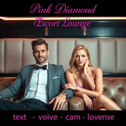 A luxurious escort lounge showcasing a dashing male escort and a graceful female escort, both embodying sophistication amid an elegant setting