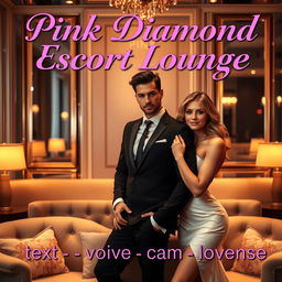 A luxurious escort lounge showcasing a dashing male escort and a graceful female escort, both embodying sophistication amid an elegant setting