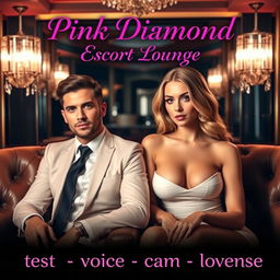 A luxurious escort lounge showcasing a dashing male escort and a graceful female escort, both embodying sophistication amid an elegant setting