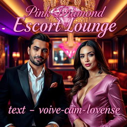 A luxurious escort lounge setting featuring two sophisticated escorts, a confident male and an elegant female, exuding charm amidst an opulent environment