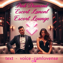 A luxurious escort lounge setting featuring two sophisticated escorts, a confident male and an elegant female, exuding charm amidst an opulent environment