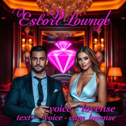 A luxurious escort lounge setting featuring two sophisticated escorts, a confident male and an elegant female, exuding charm amidst an opulent environment