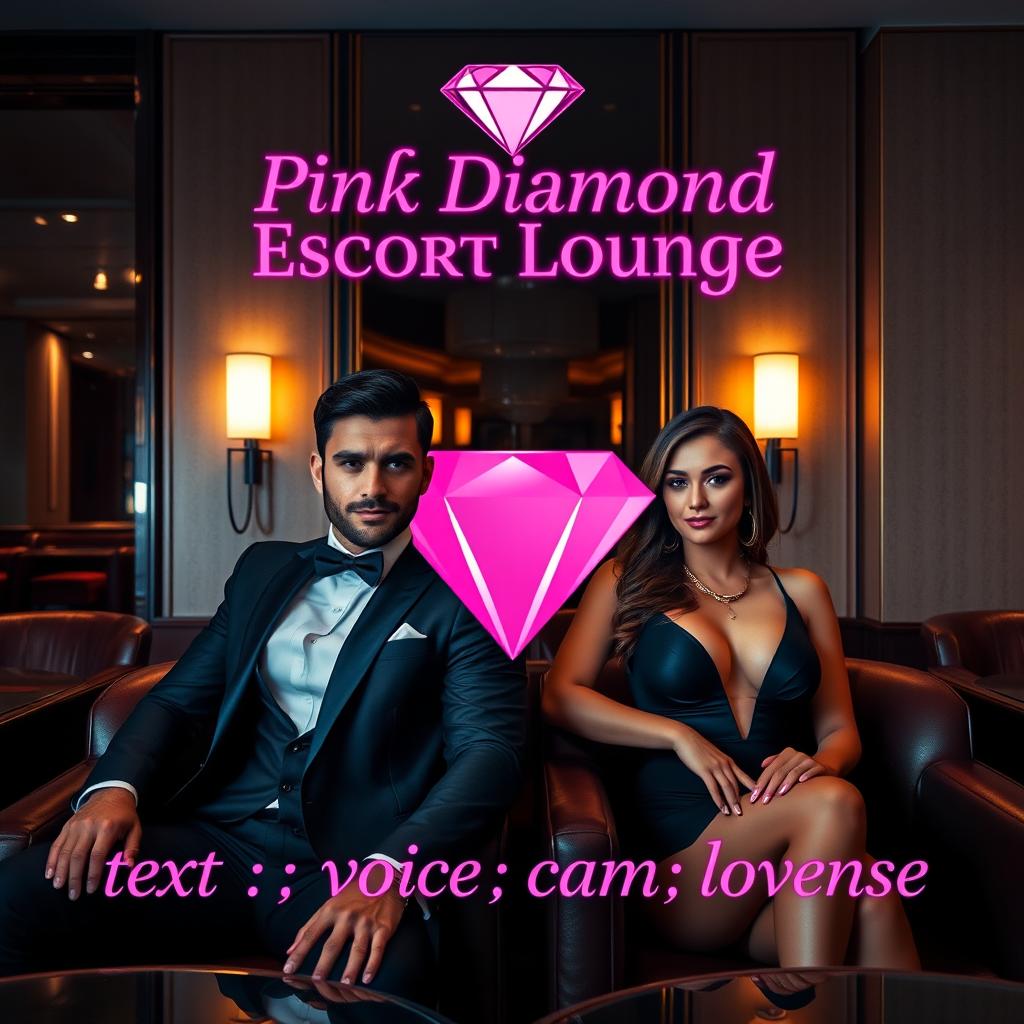 A luxurious escort lounge featuring a suave male escort and an elegant female escort, both exuding sophistication in a plush setting