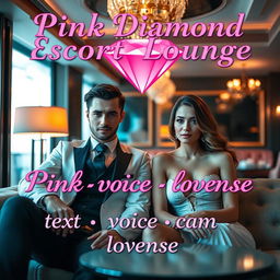 A luxurious escort lounge featuring a suave male escort and an elegant female escort, both exuding sophistication in a plush setting