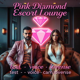 A luxurious escort lounge featuring a suave male escort and an elegant female escort, both exuding sophistication in a plush setting