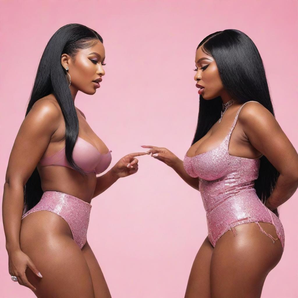 Illustrate an abstract conceptual scene depicting Nicki Minaj and Megan Thee Stallion in a heated discussion, symbolizing their feud, while still maintaining respect for both artists.