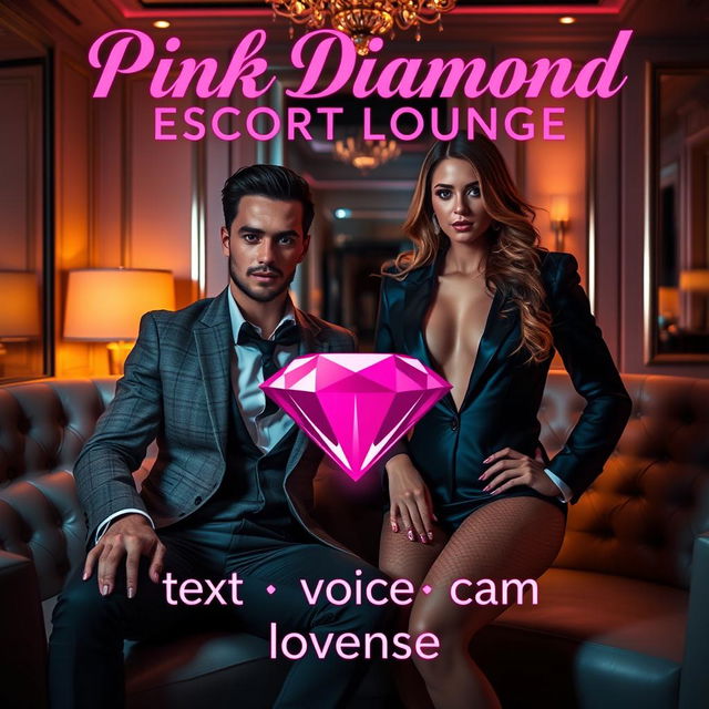 An exclusive escort lounge featuring a charming male escort and a sophisticated female escort, both poised in an opulent environment