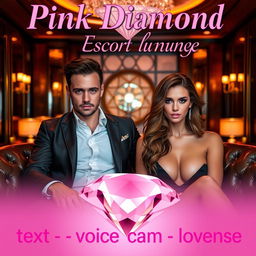 An exclusive escort lounge featuring a charming male escort and a sophisticated female escort, both poised in an opulent environment