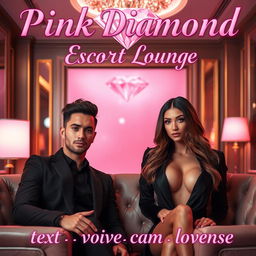 An exclusive escort lounge featuring a charming male escort and a sophisticated female escort, both poised in an opulent environment