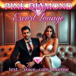 An exclusive escort lounge featuring a charming male escort and a sophisticated female escort, both poised in an opulent environment