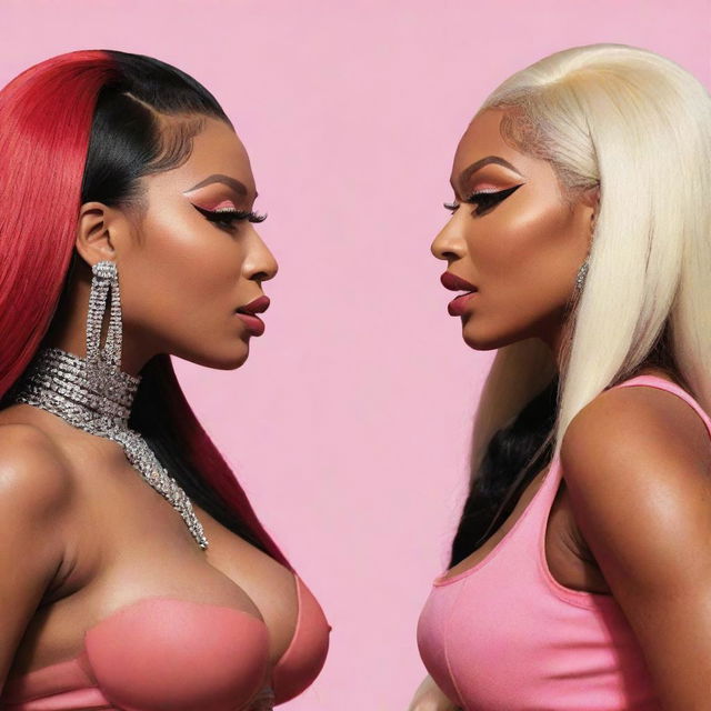 Illustrate an abstract conceptual scene depicting Nicki Minaj and Megan Thee Stallion in a heated discussion, symbolizing their feud, while still maintaining respect for both artists.