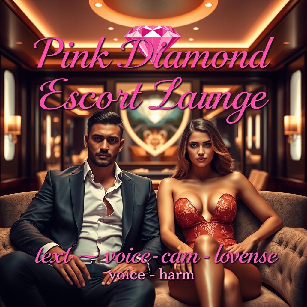 An elegant escort lounge featuring two glamorous escorts, a striking male and a sophisticated female, in a lavish setting