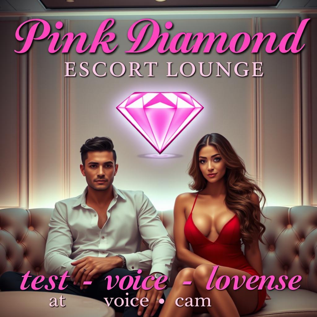 An elegant escort lounge featuring two glamorous escorts, a striking male and a sophisticated female, in a lavish setting