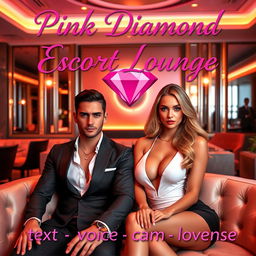 An elegant escort lounge featuring two glamorous escorts, a striking male and a sophisticated female, in a lavish setting