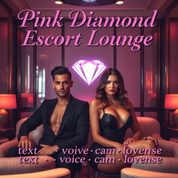 An elegant escort lounge featuring two glamorous escorts, a striking male and a sophisticated female, in a lavish setting