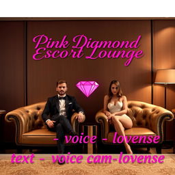 A sophisticated escort lounge setting featuring a dapper male escort and a graceful female escort, stationed in an opulent environment