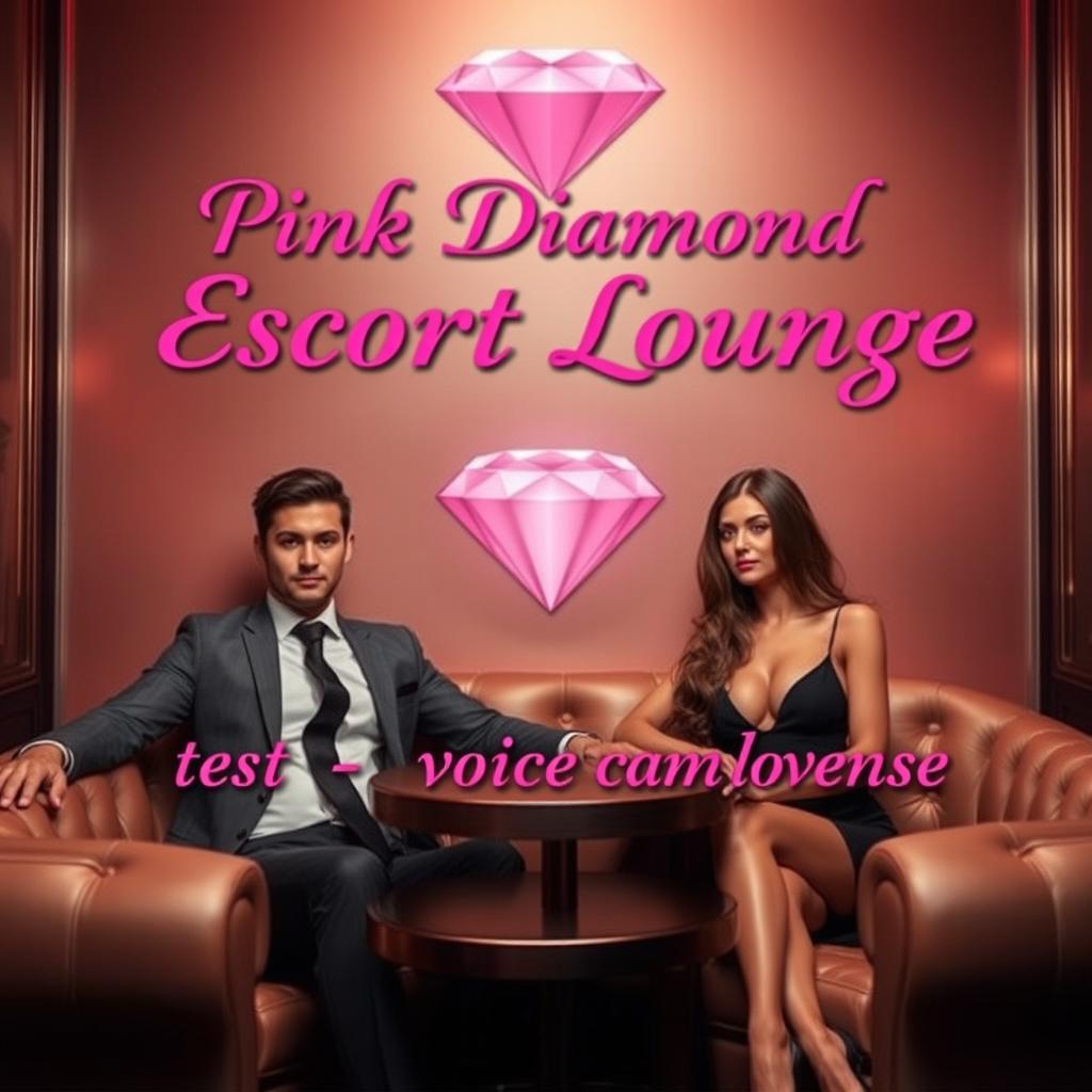 A sophisticated escort lounge setting featuring a dapper male escort and a graceful female escort, stationed in an opulent environment