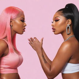 Illustrate an abstract conceptual scene depicting Nicki Minaj and Megan Thee Stallion in a heated discussion, symbolizing their feud, while still maintaining respect for both artists.