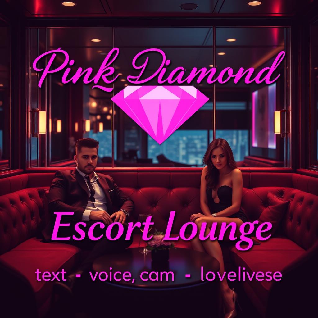 An exclusive escort lounge featuring an attractive male escort and an elegant female escort, situated in a luxurious setting adorned with plush seating and ambient lighting